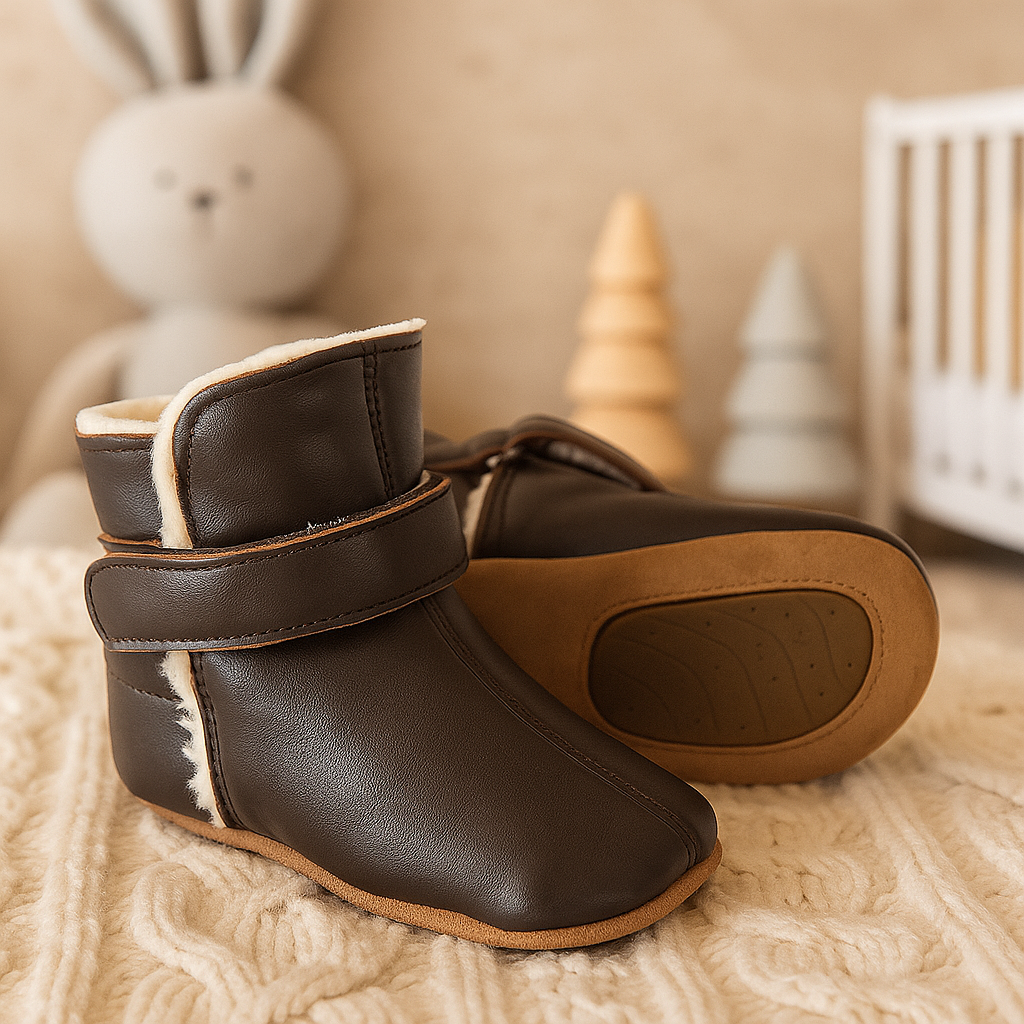 Pair of brown leather baby boots with fur lining on a textured surface.